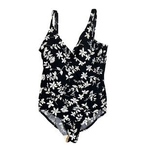 Miraclesuit black white floral surplice crossover one piece swimsuit size 16